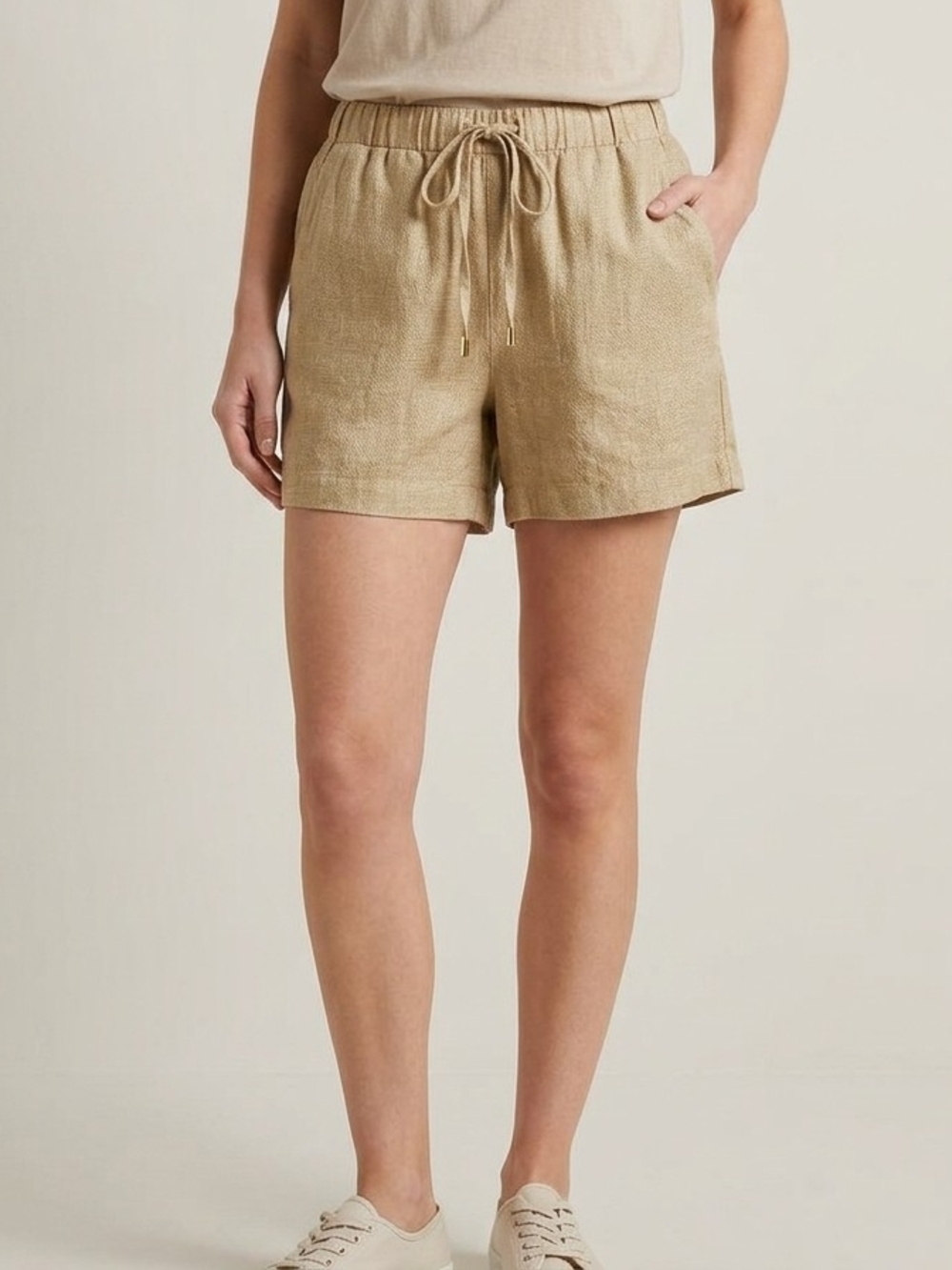 Michael Kors Linen Blend Drawstring Shorts Beige Tan Elastic Waist Womens Medium